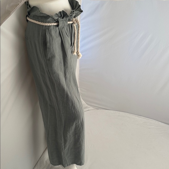 Driftwood Vicki green wide leg trouser pants with a cream removable rope belt - Picture 3 of 13